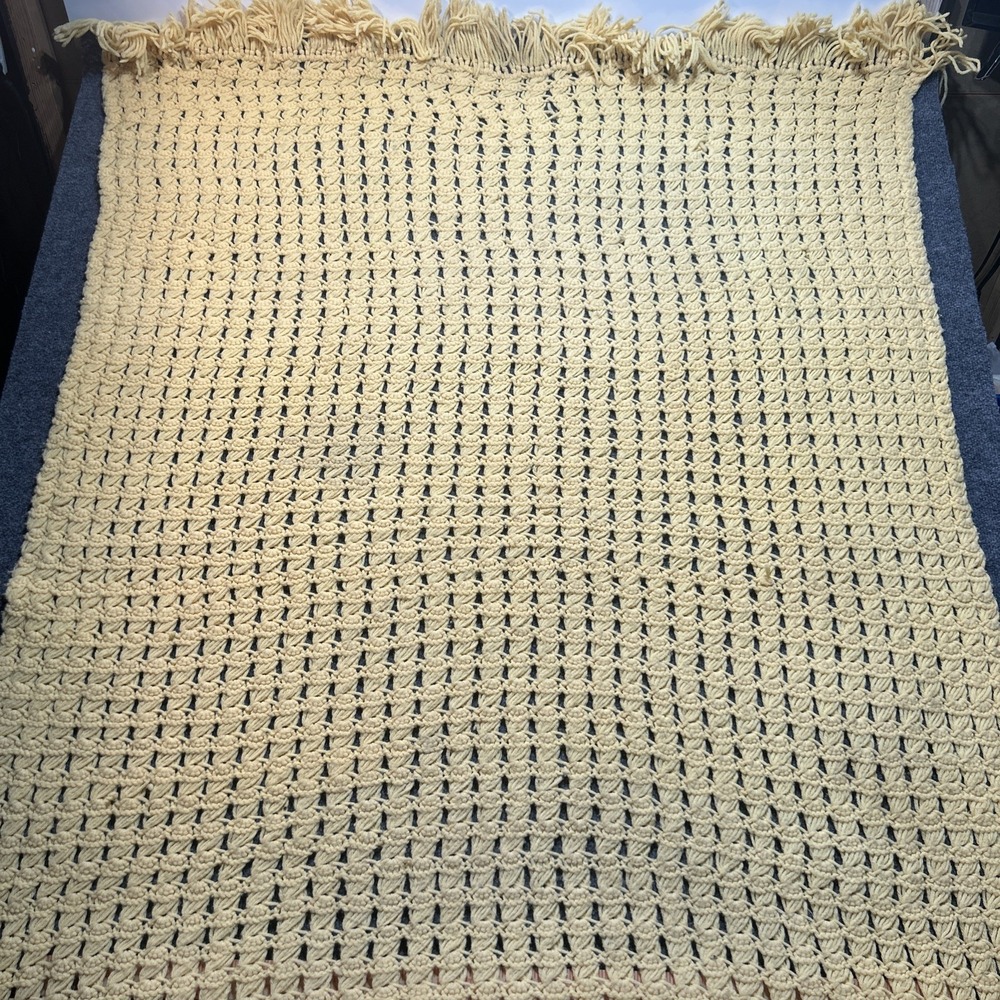 Vtg Handmade Yellow Crochet Afghan Blanket Fringe 44x68 Throw Retro Cottagecore